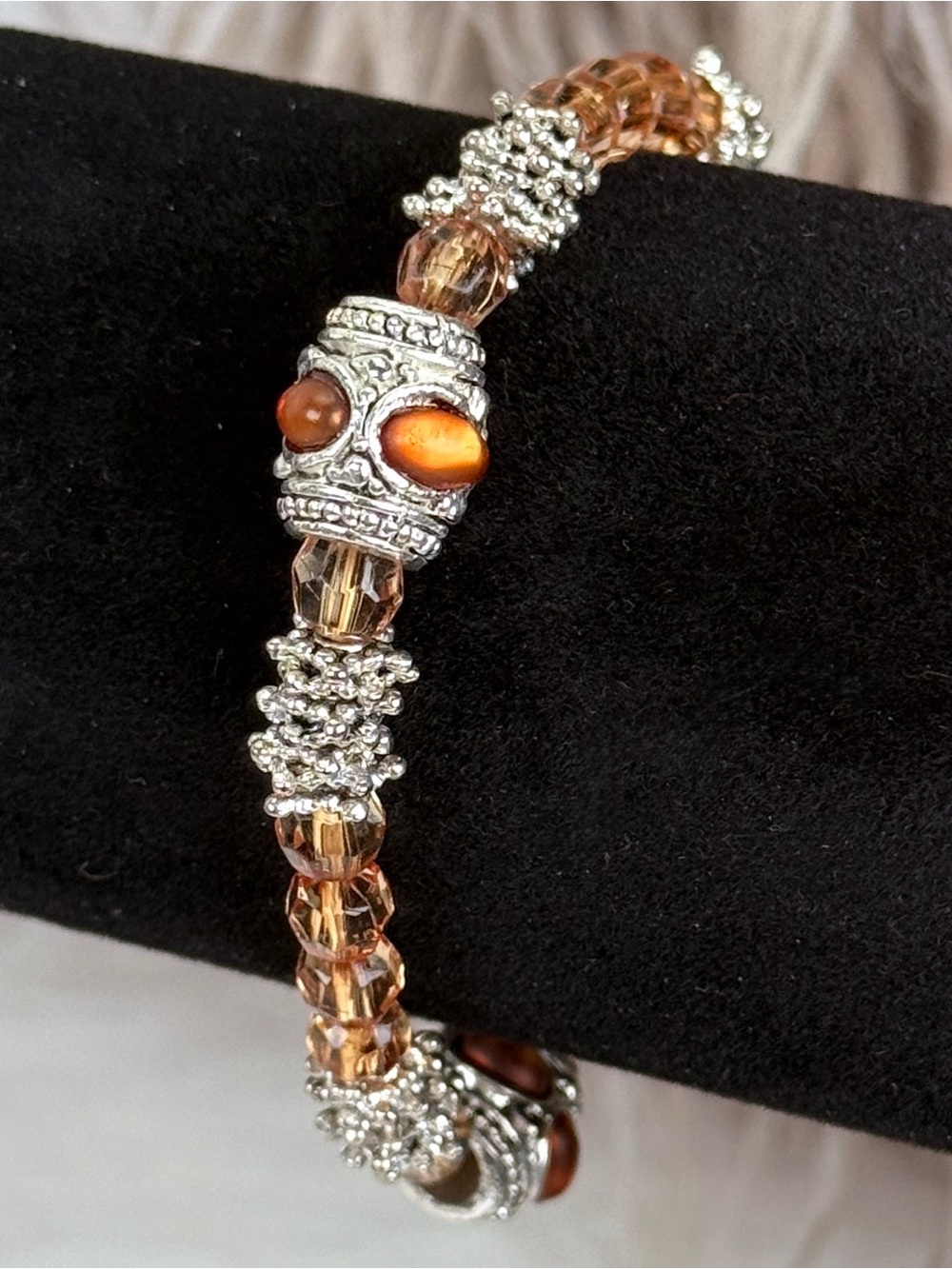 Vintage Amber Brown Faceted Bead Silver Tone Stretch Bracelet